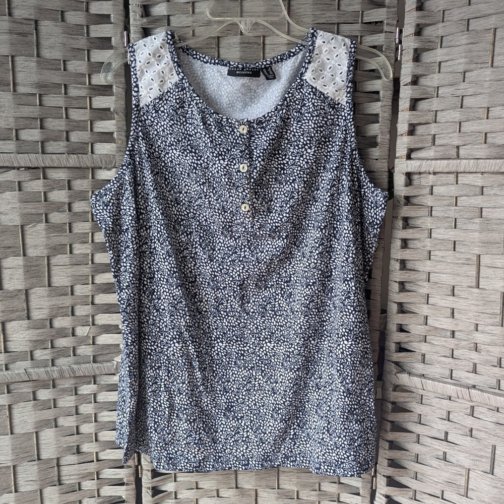 Susan Graver Weekend Henley Tank Top Navy Blue White Floral Eyelet Lace Sz 1X